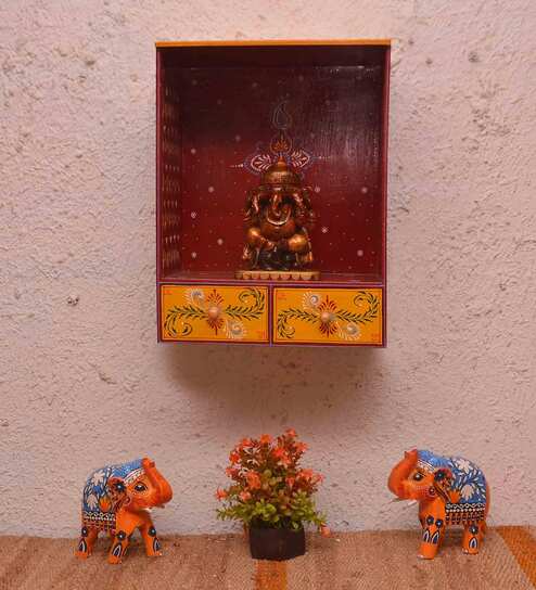Red and Carved Wood Wall Mounted Mandir Without Door