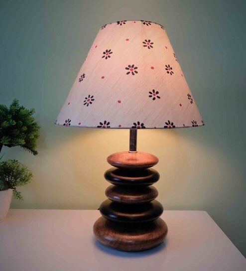 Handpainted Beige Fabric Shade Pebble Table Lamp With Brown And Black Base By Disoo Fashions