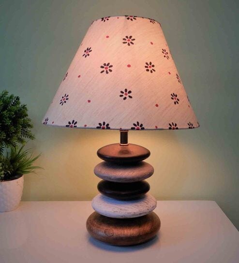 Handpainted Beige Fabric Shade Pebble Table Lamp With Multicoloured Base By Disoo Fashions