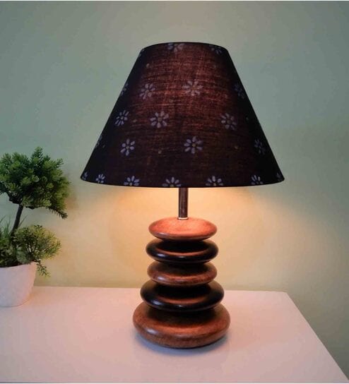 Handpainted Black Fabric Shade Pebble Table Lamp With Brown And Black Base By Disoo Fashions