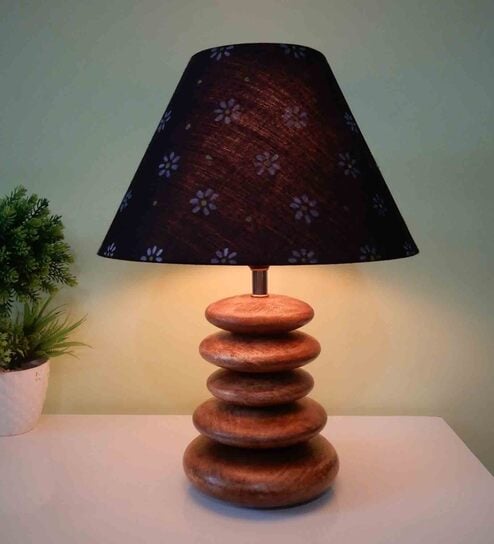 Handpainted Black Fabric Shade Pebble Table Lamp With Brown Base By Disoo Fashions
