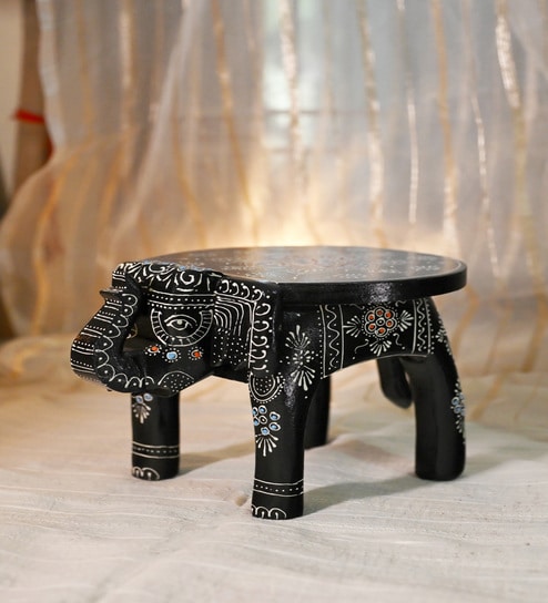 Black Handpainted Decorative Elephant Chowki