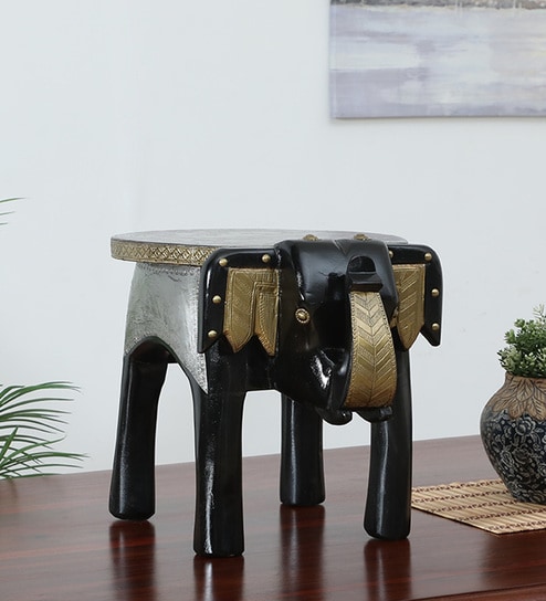 Handpainted Elephant Black Solid Wood Chowkie