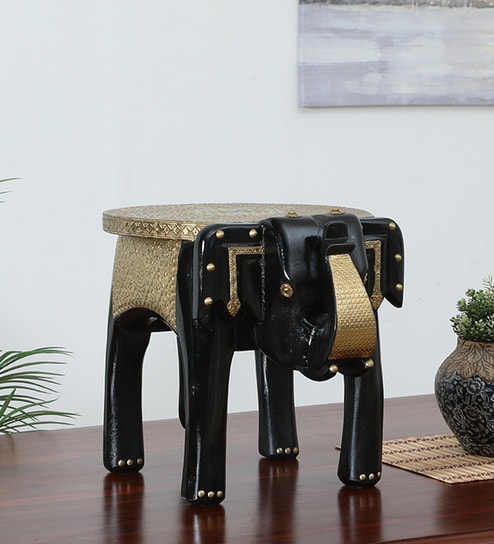 Handpainted Elephant Black Solid Wood Chowkie