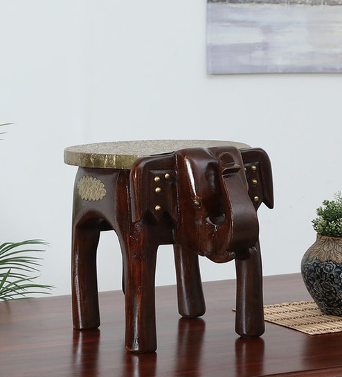 Handpainted Elephant Brown Solid Wood Chowkie