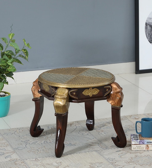 Handpainted Elephant Gold Solid Wood Chowkie