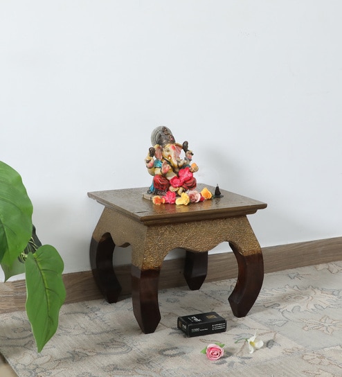 Handpainted Inlay Brass Brown Solid Wood Chowkie