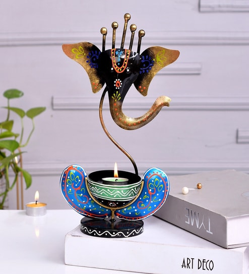 Black Metal Handpainted Ganesh Decorative TeaLight