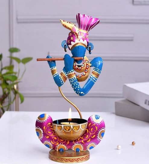 Blue Metal Handpainted Krishna Decorative TeaLight