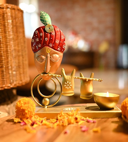 Multicolor Metal Handpainted Krishna Decorative TeaLight