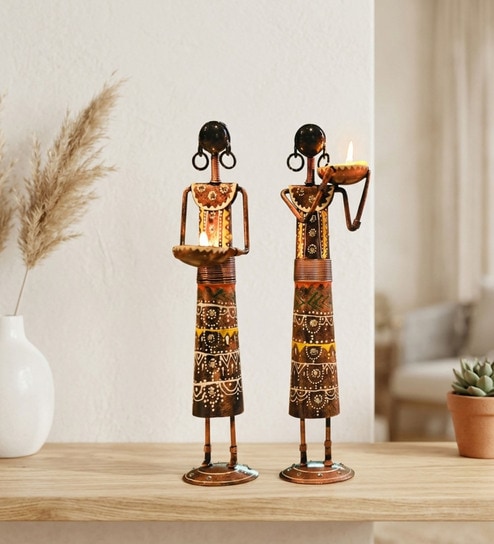 Black Metal Handpainted Labour Lady Figurine Decorative TeaLight Set of 2