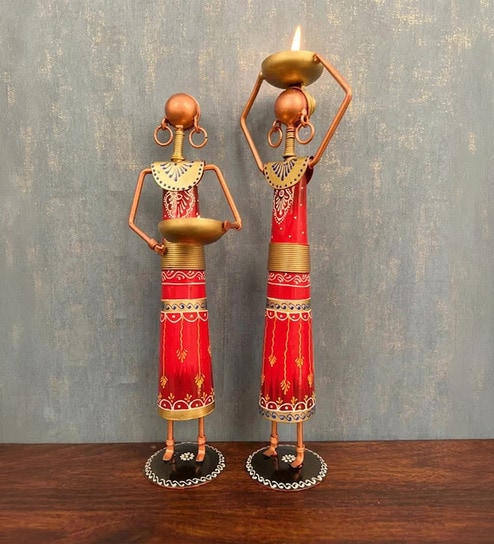 Red Metal Handpainted Labour Lady Figurine Decorative TeaLight Set of 2