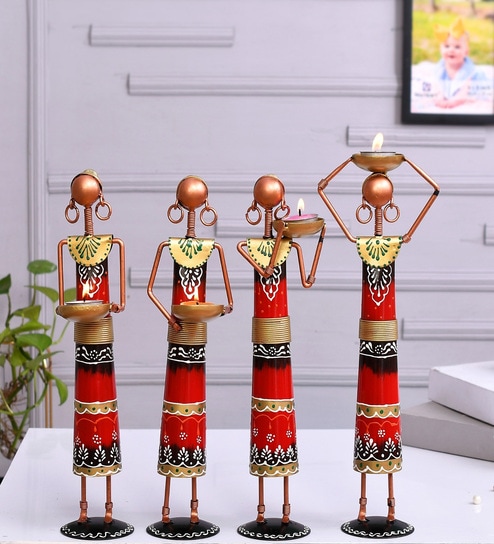 Red Metal Handpainted Labour Lady Figurine Decorative TeaLight Set of 4