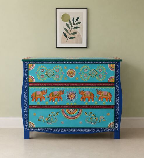 Rangrez Blue Colour Chest Of Drawers In Teak Finish