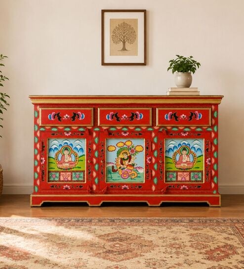 Rangrez Handpainted Wooden Multipurpose Sideboard Cabinet In Teak Finish