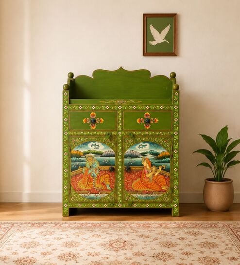 Rangrez Handpainted Wooden Sideboard Storage Cabinet In Teak Finish