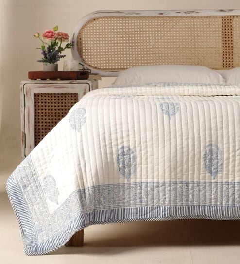 Handprinted Off White & Light Blue Cotton Floral Single Bed Quilt