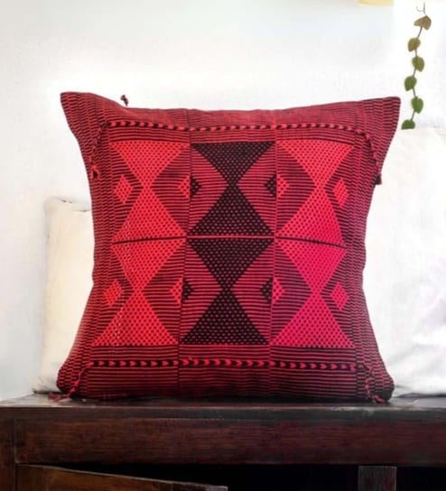 Handwoven Cotton Black & Red (16X16inches) Cushion Cover