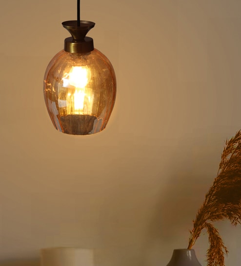 Hanging Light with Amber Glass Shade