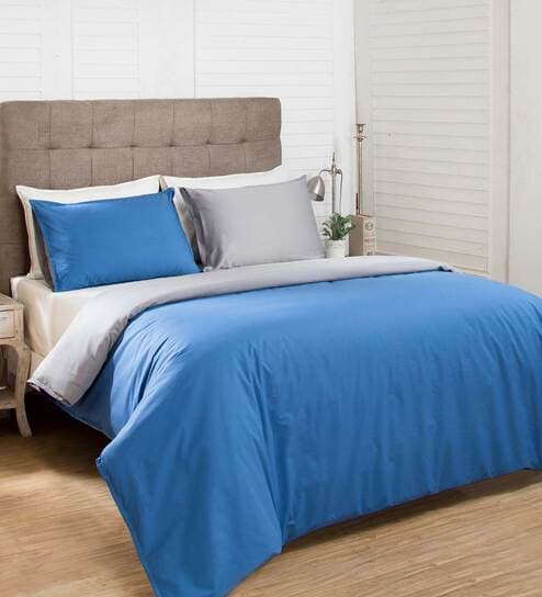 Blue Solid 100% Cotton Double Bed Duvet Cover With 2 Pillow Covers by Maspar