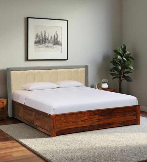 Hannut Sheesham Wood King Size Bed In Honey Oak Finish With Box Storage