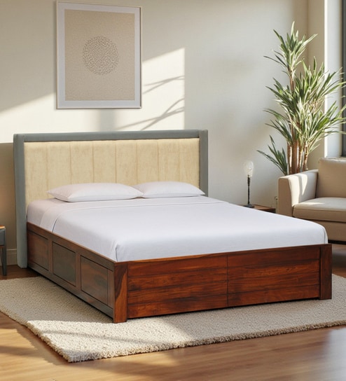 Hannut Sheesham Wood Queen Size Bed In Honey Oak Finish With Box Storage