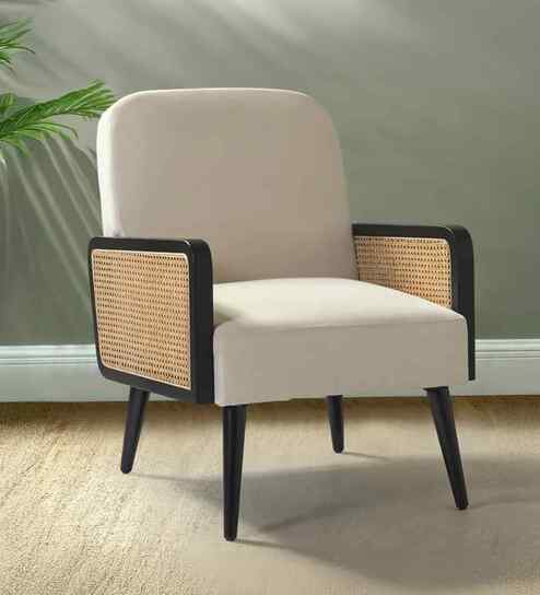 Hanuma Velvet Fabric Lounge Chair In Off White Colour
