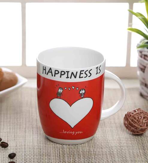 Happiness Quotes 300ml White & Red Ceramic (Set of 2) Coffee Mug