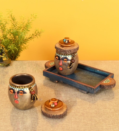 Happy Tribals Multicolor Terracotta and Wood 2 pcs Condiment Sets