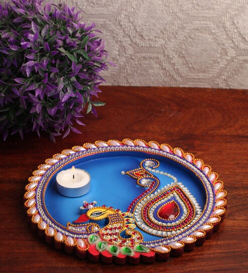 Buy Hari Creation Multicolor Wooden Peacock Aarti Thali Online