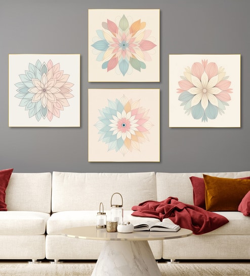 Floral Beauty on Beige Canvas Painting Set of 4 Gold Frame