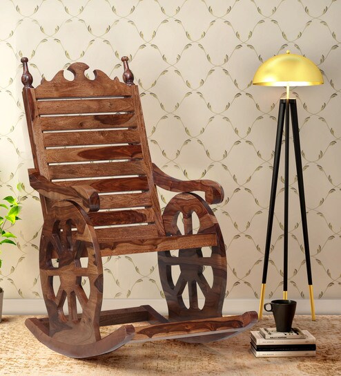 Harold Solid Wood Rocking Chair In Rustic Teak Finish By Amberville