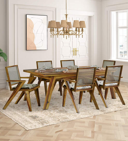 Harry Solid Wood 6 Seater Dining Set In Lite Honey Finish