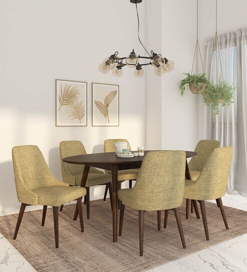 Haruka Solid Wood 6 Seater Dining Set In Walnut & Sandy Brown Finish