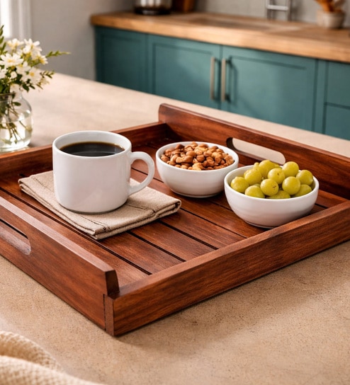 Wooden Serving Tray with Handle 10x10 inch