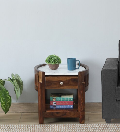 Haslev Sheesham Wood Bed Side Table In Scratch Resistant Provincial Teak Finish With Marble Top