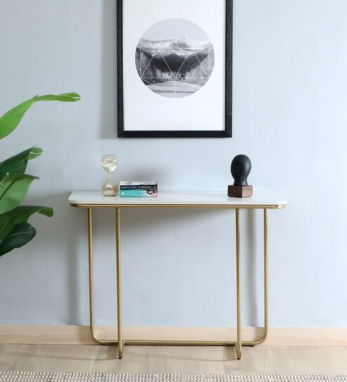 Hauge Metal Console Table In Gold Finish With Porcelain Top