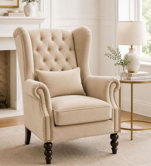 Havenly Teak Wood High Back Wing Chair With Suede Fabric In Beige Colour