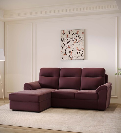 Hazelwood Velvet Fabric Fabric RHS Sectional Sofa (2 + Lounger) in Wine Red Color