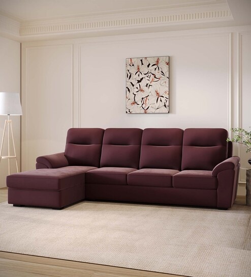 Hazelwood Velvet Fabric Fabric RHS Sectional Sofa (3 + Lounger) in Wine Red Color