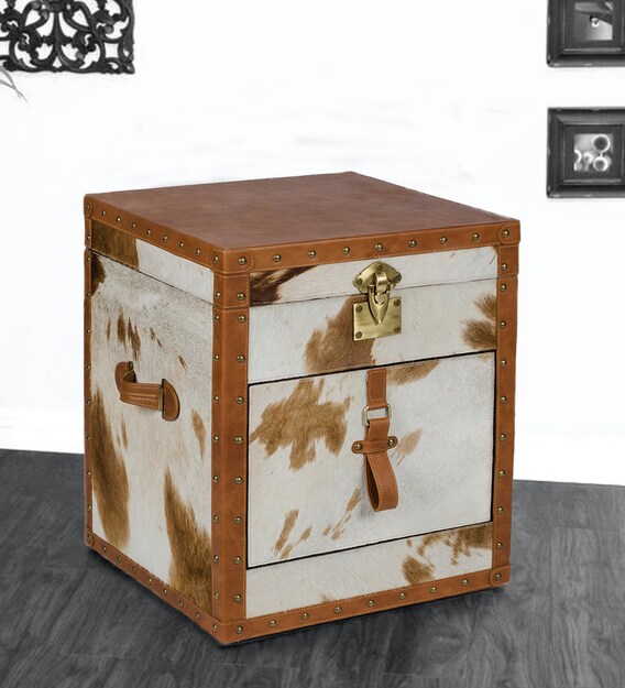 Buy Hair On Leather Bedside Table In Vintage Tan Leather By Studio Ochre Online Bedside Chests Tables Furniture Pepperfry Product