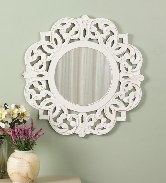 Buy Wooden Abstract Wall Mirror In White Colour By Cocovey Online
