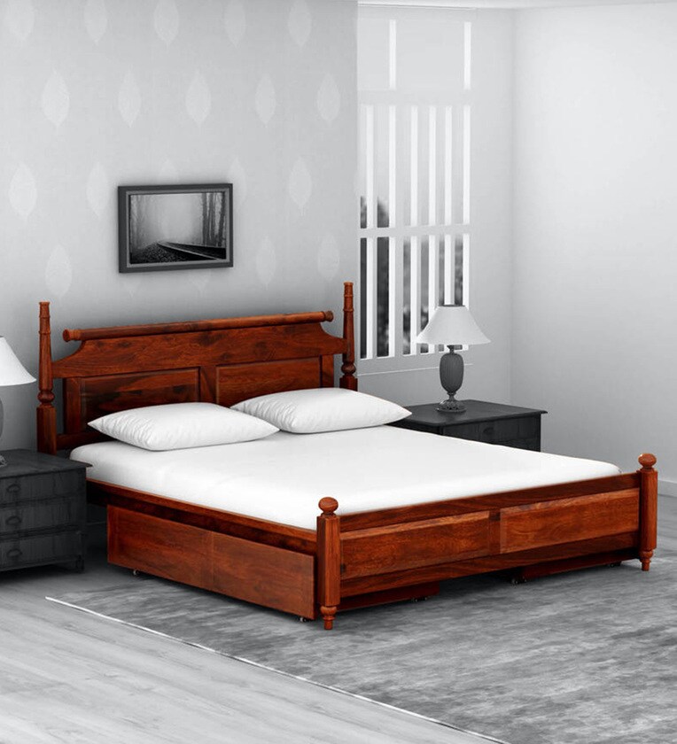 Buy Harleston Solid Wood Queen Size Bed With Drawer Storage In Honey