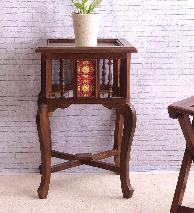 Buy Hand Crafted Teak Wood Tiled Rajasthani End Table in Walnut Finish