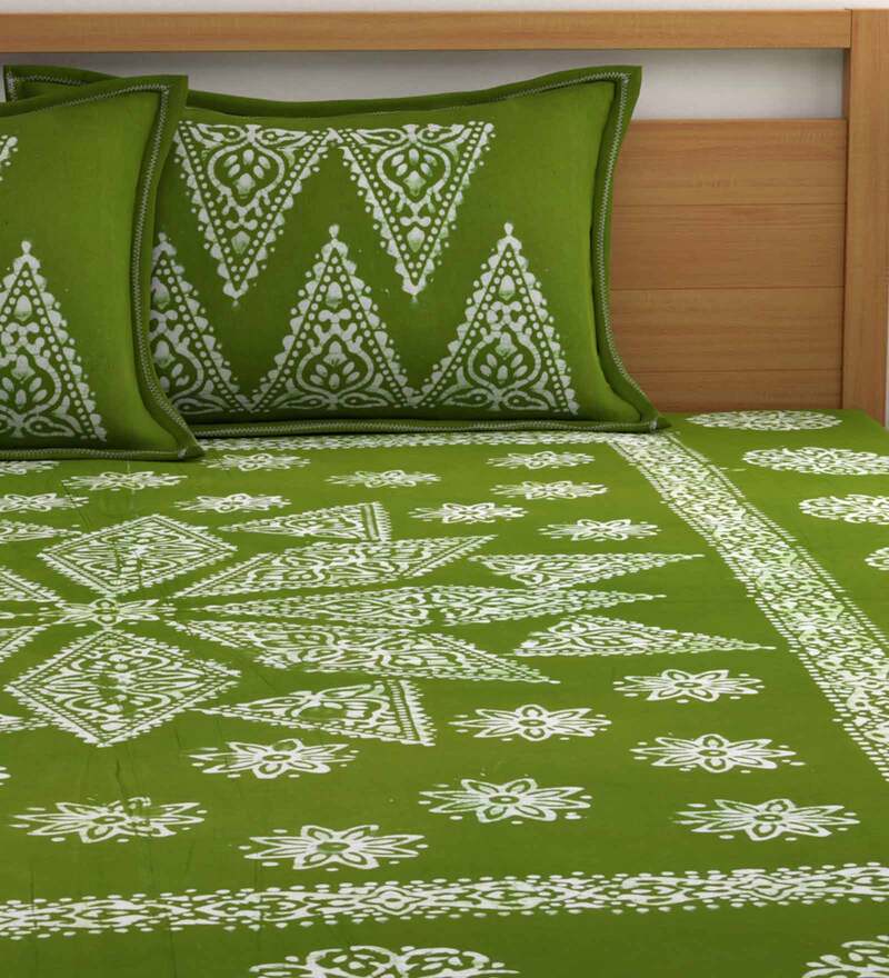 Buy Green Traditional 210 TC Cotton 1 Double King Size Bedsheet with 2