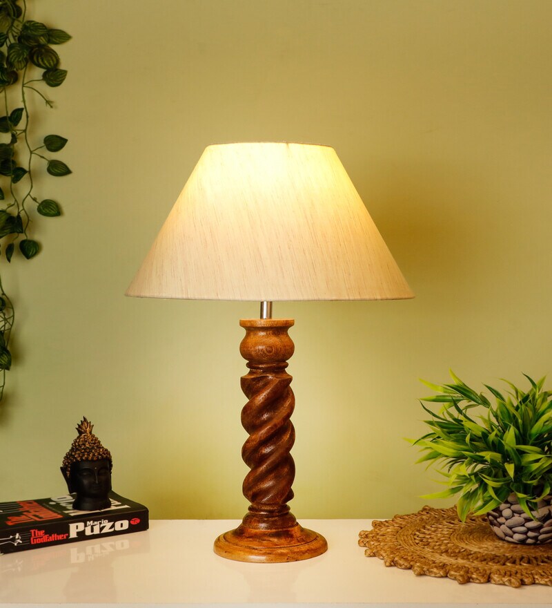 Buy Handmade Rope Brown Wood Table Lamp with Beige Fabric Shade by