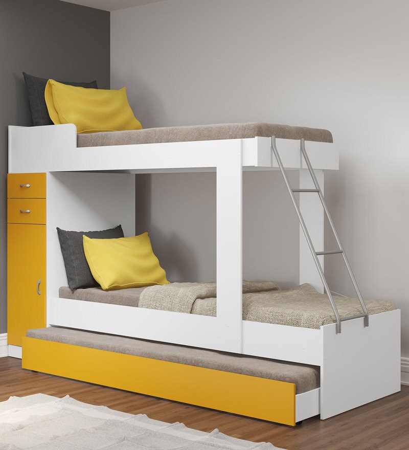 Buy Hannah Storage Bunk Bed with Trundle in Yellow & White Finish