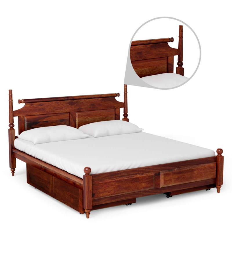 Buy Harleston Solid Wood Queen Size Bed With Drawer Storage In Honey