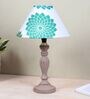 Hand Carved Classic Mangowood Table Lamp With Dahlia Floral Print Satin Shade