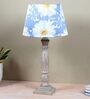 Hand Carved Ilumista Mangowood Table Lamp With Narcissue Floral Print Satin Shade